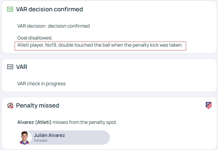 官方明確！歐冠官網(wǎng)：阿爾瓦雷斯罰點(diǎn)時(shí)2次觸球，VAR決定進(jìn)球無效
